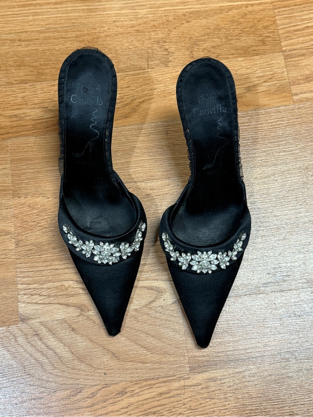 Rene Caovilla Black Satin Lace Crystal Heels Pumps Italy EU 38.5